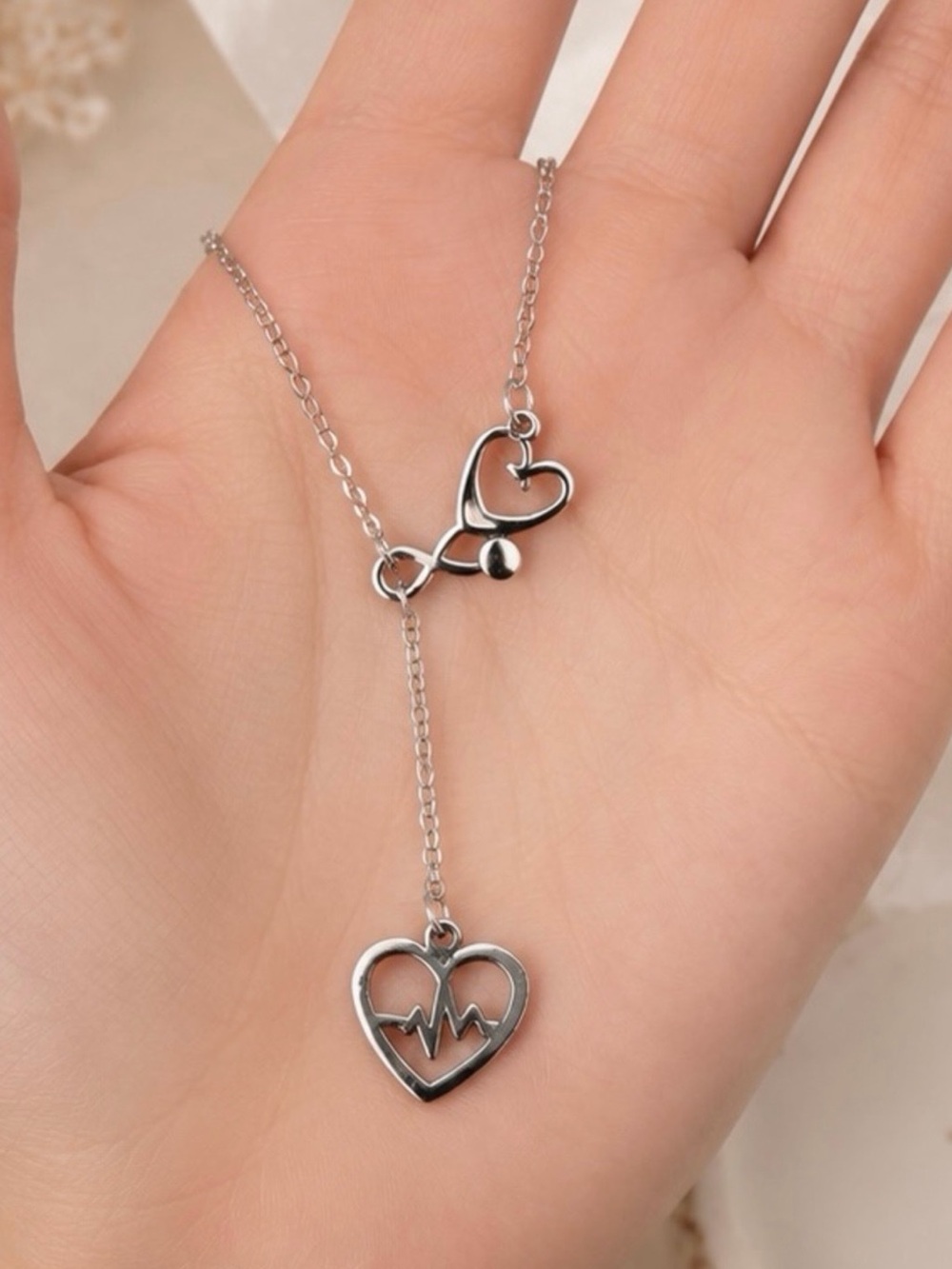 Silver Stethoscope Heart Lariat Necklace